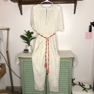 Anthropologie Feather Bone Womens Pin Stripe Short Sleeve Jumpsuit Cream Size XS